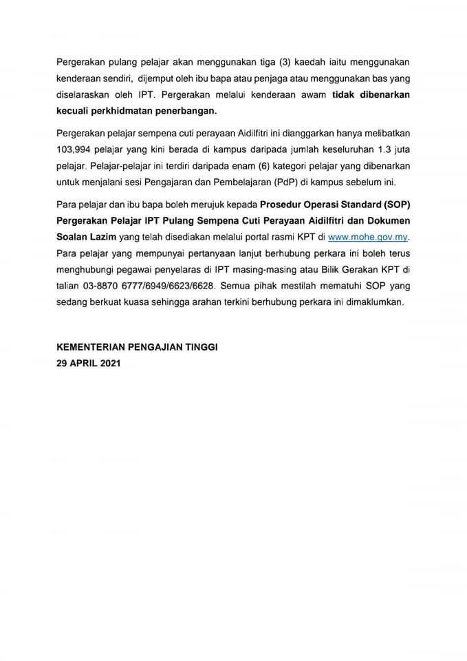 Pelajar IPT Dibenarkan Pulang Ke Kampung Beraya