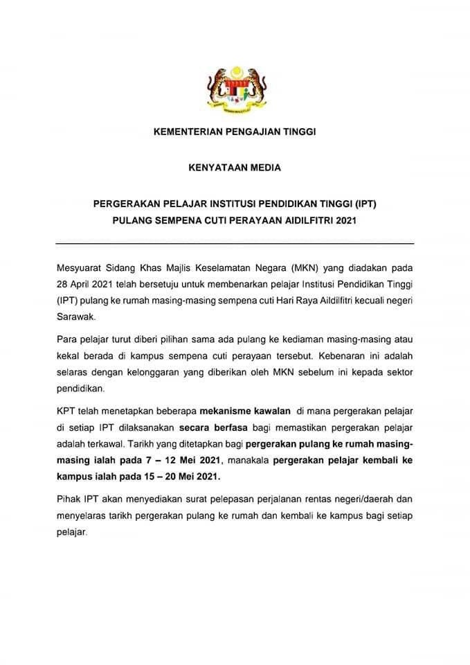 Pelajar IPT Dibenarkan Pulang Ke Kampung Beraya