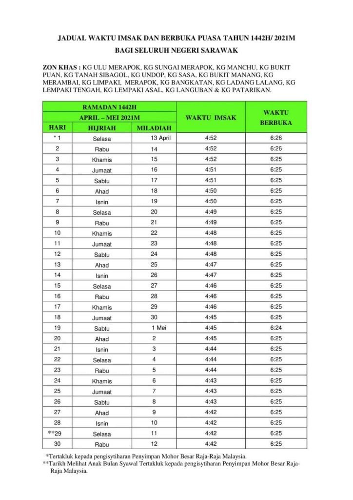 Jadual Waktu Berbuka Puasa Dan Waktu Imsak Negeri Sarawak Tahun 2021