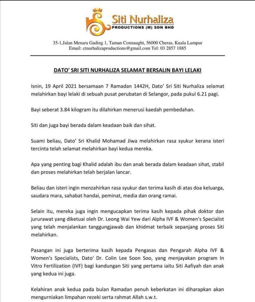 Dato' Sri Siti Nurhaliza Kini Selamat Lahirkan Bayi Lelaki