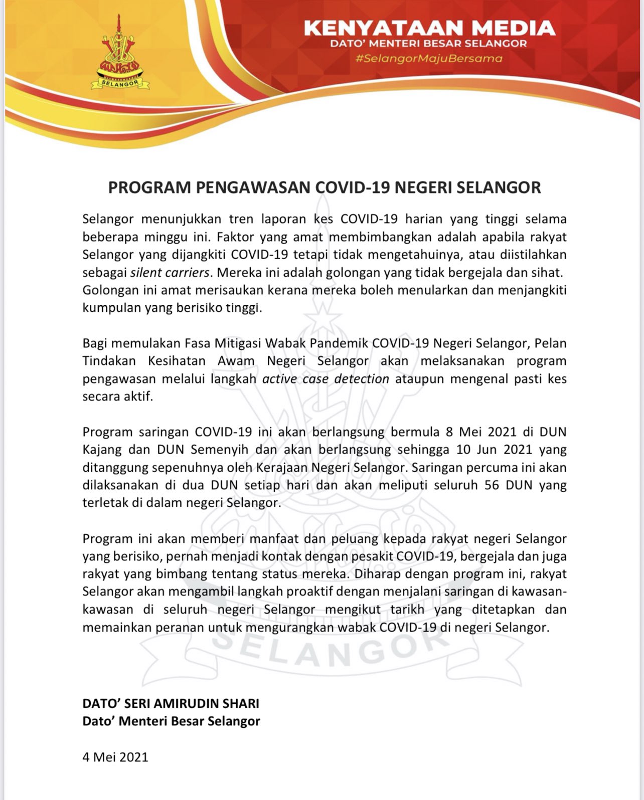 Ujian Saringan Covid-19 Percuma Untuk Warga Selangor Bermula 8 Mei