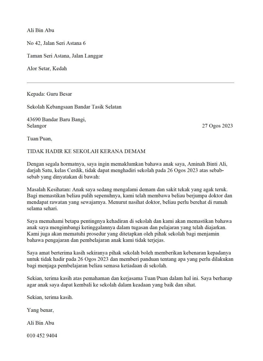 Surat Rasmui Contoh Surat Rasmi Tidak Hadir Ke Sekolah