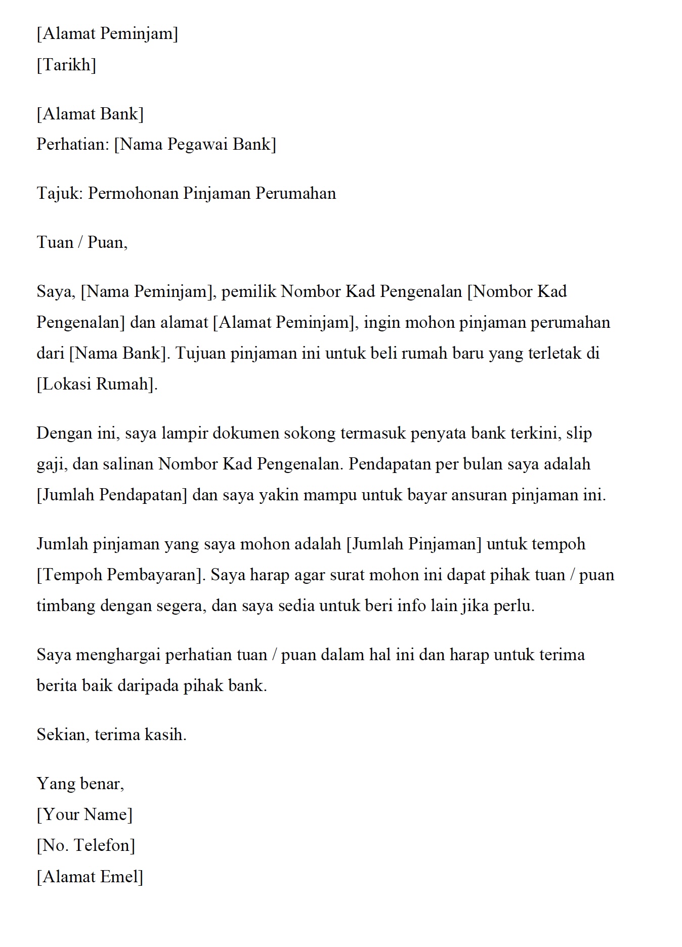 Contoh Surat Rasmi Untuk Permohonan Pinjaman Perumahan