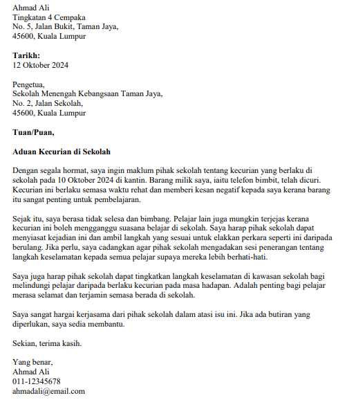 Contoh Surat Aduan Kecurian di Sekolah
