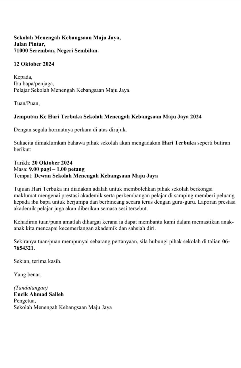 surat hari terbuka sekolah