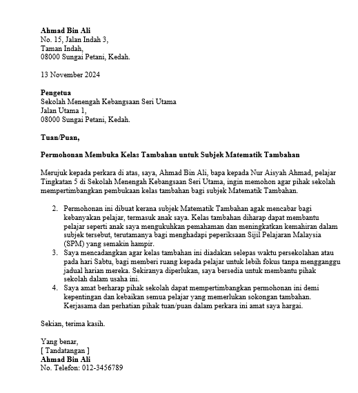 surat permohonan mengadakan kelas tambahan di sekolah