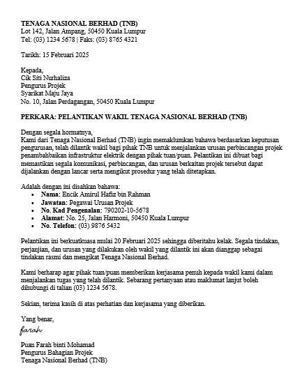 contoh surat perlantikan tnb