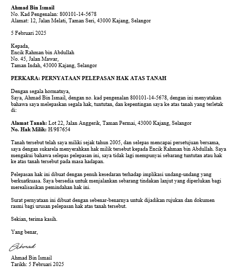 contoh surat perlepasan hak tanah