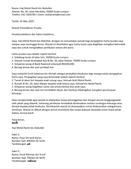 surat wasiat pentadbiran pusaka