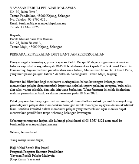 penyerahan duit bantuan persekolahan