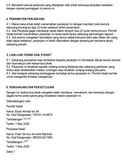 surat perjanjian penyewaan kedai 