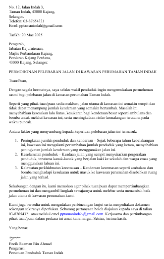 surat permohonan pelebaran jalan raya