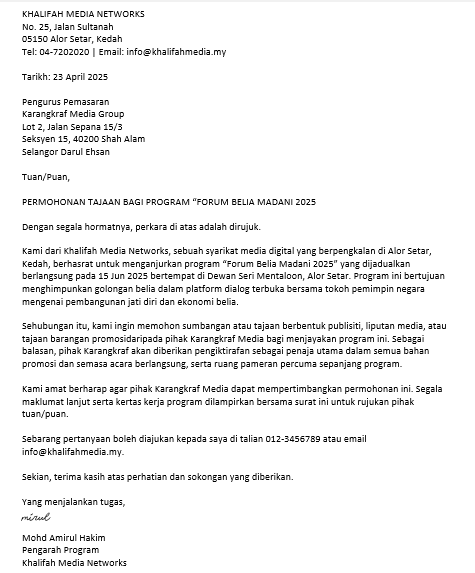 Contoh Surat Mohon Tajaan Karangkraf Media