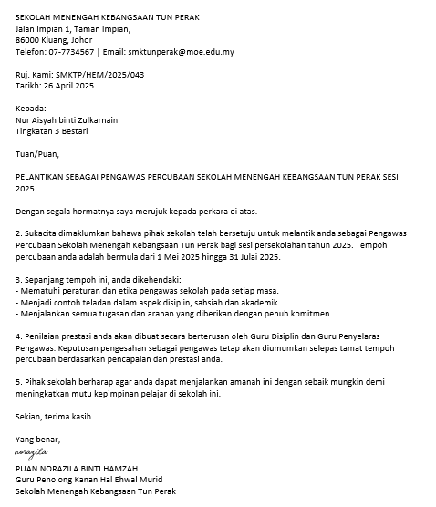 Contoh Surat Pelantikan Pengawas Percubaan