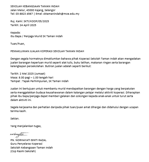 Contoh Surat Pemakluman Jualan Koperasi Sekolah
