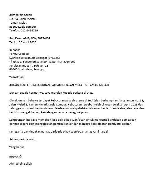 contoh surat aduan kebocoran paip
