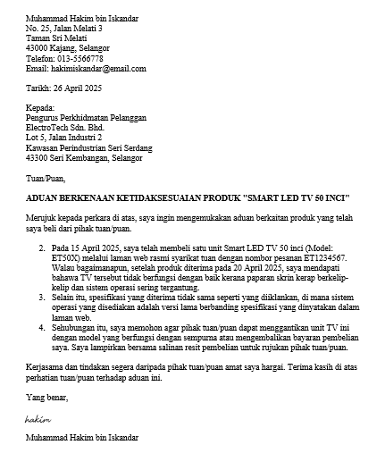 contoh surat aduan ketidaksesuaian produk