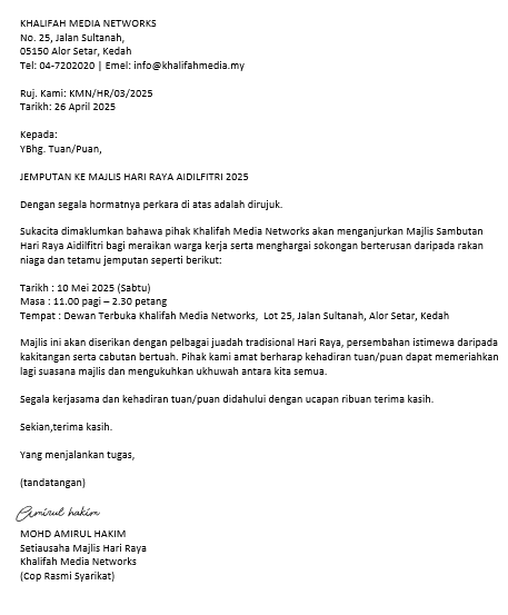 contoh surat jemputan majlis hari raya