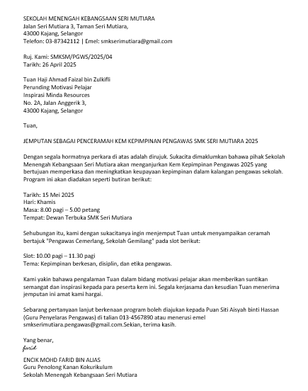 contoh surat jemputan penceramah ke kem kepimpinan pengawas
