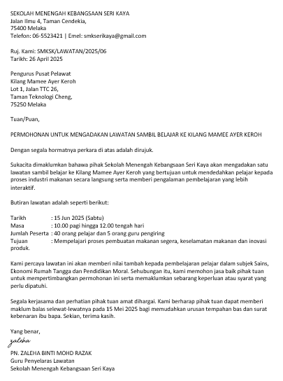 contoh surat lawatan sambil belajar ke kilang mamee ayer keroh