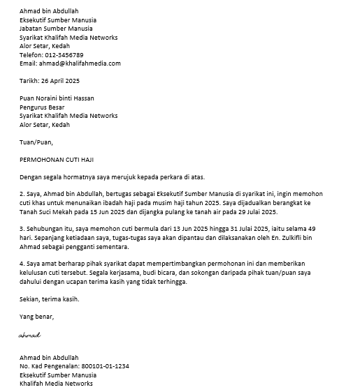 contoh surat permohonan cuti haji