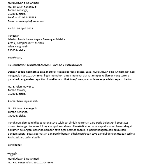 contoh surat permohonan menukar alamat baru di kad pengenalan