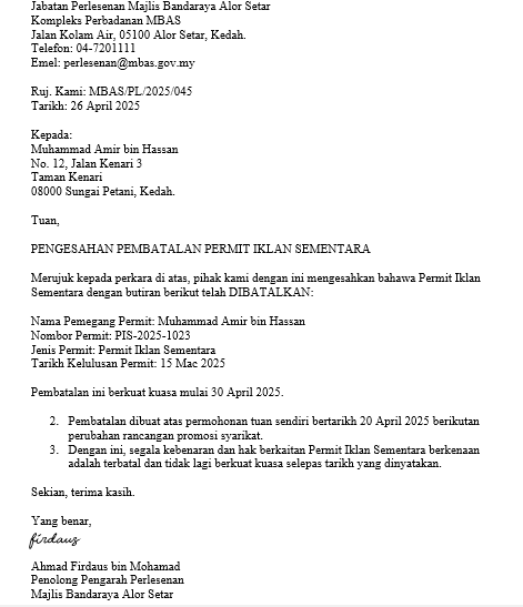 surat pembatalan permit