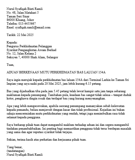 contoh surat aduan perkhidmatan pengangkutan awam
