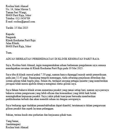 contoh surat aduan perkhidmatan klinik kesihatan
