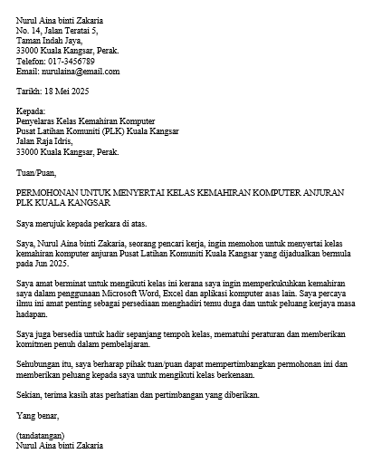 contoh surat permohonan kelas kemahiran komputer