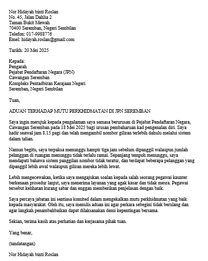 surat aduan mutu perkhidmatan jpn