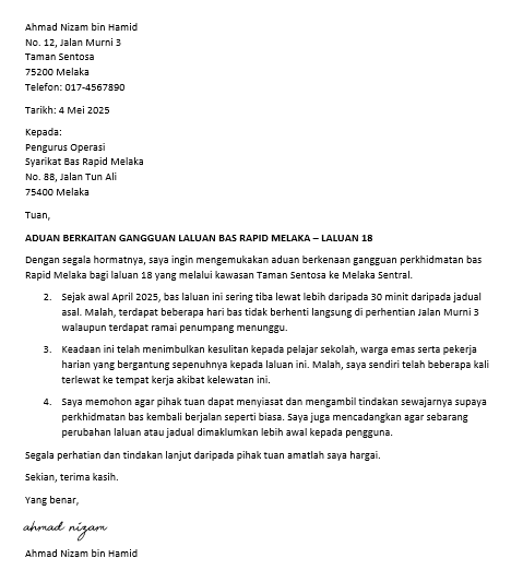 surat gangguan laluan bas