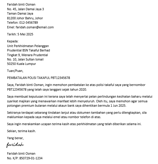 surat pembatalan insurans dan takaful
