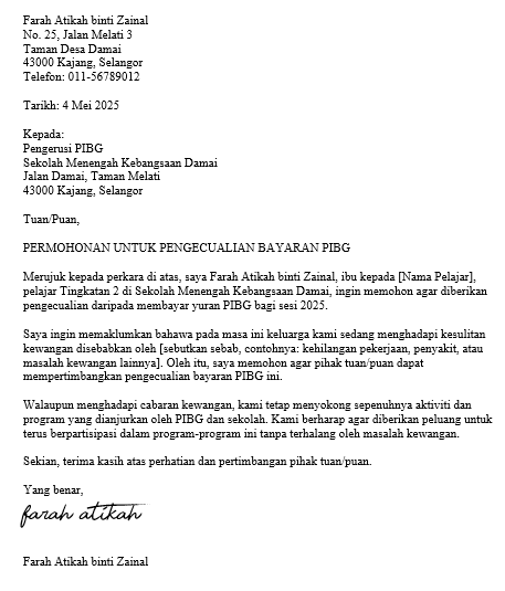 surat pengecualian bayaran pibg