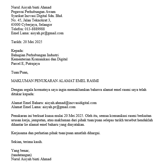 surat penukaran alamat emel rasmi tm