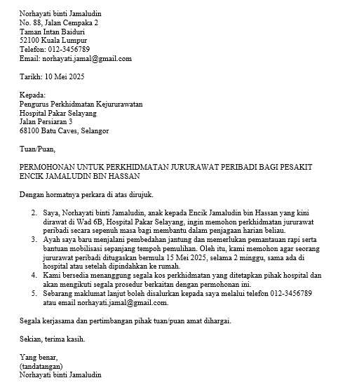 surat permohonan perkhidmatan jururawat