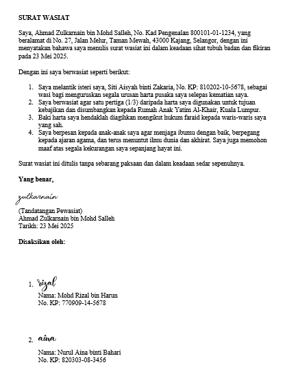 surat wasiat peribadi
