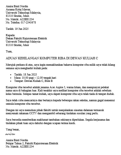 aduan kehilangan komputer riba di dewan kuliah c