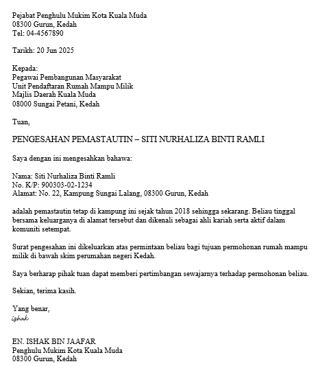 contoh surat pemastautin