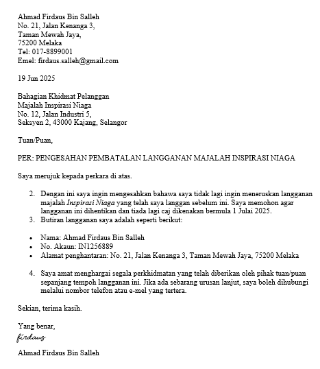 contoh surat pembatalan langganan majalah