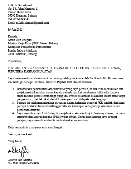 surat aduan salah guna kuasa