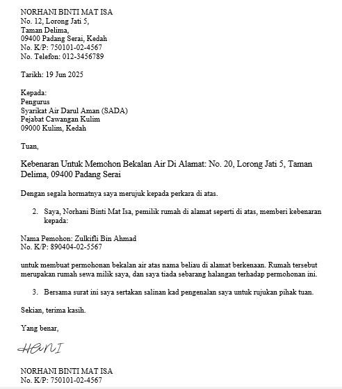 surat bekalan air