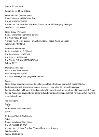 surat perjanjian jual beli kereta sambung bayar