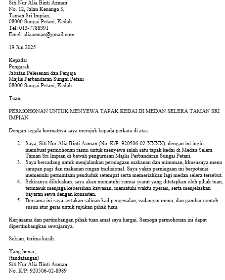 surat sewa tapak kedai