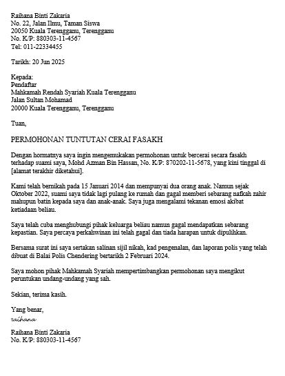 surat tuntut cerai fasakh