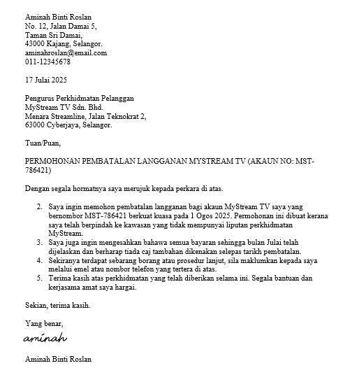 surat batalkan langganan