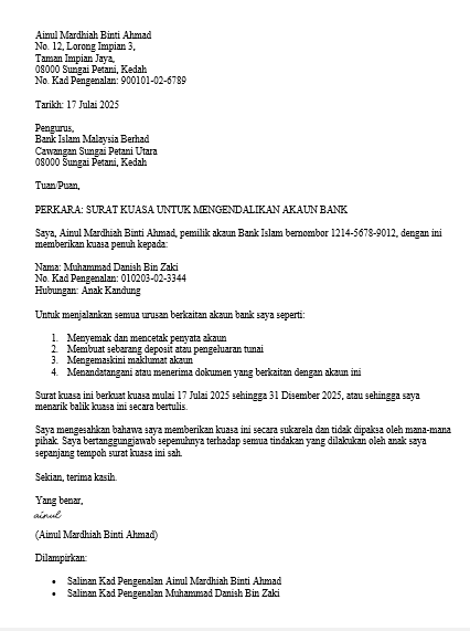 surat kuasa mengendalikan akaun bank