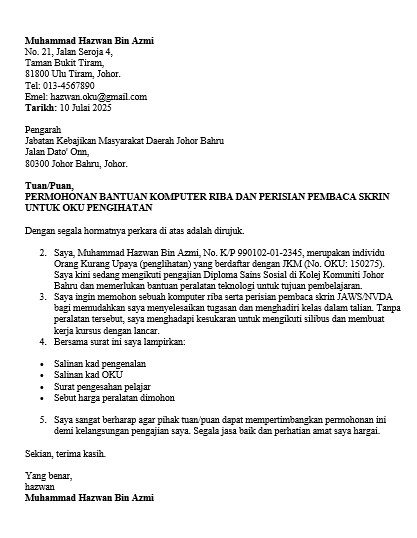 surat memohon bantuan teknologi untuk oku