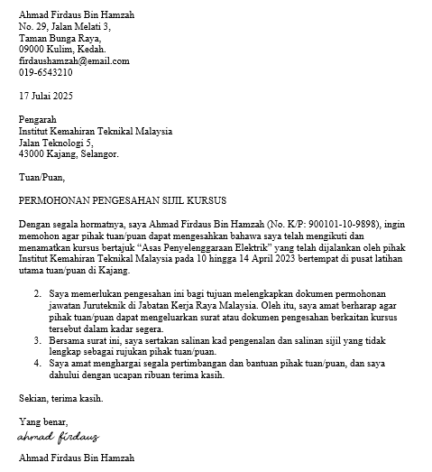 surat permohonan sijil kursus