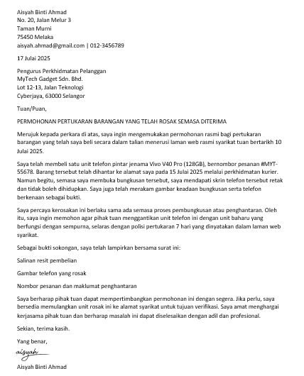 surat pertukaran barang yang rosak semasa terima